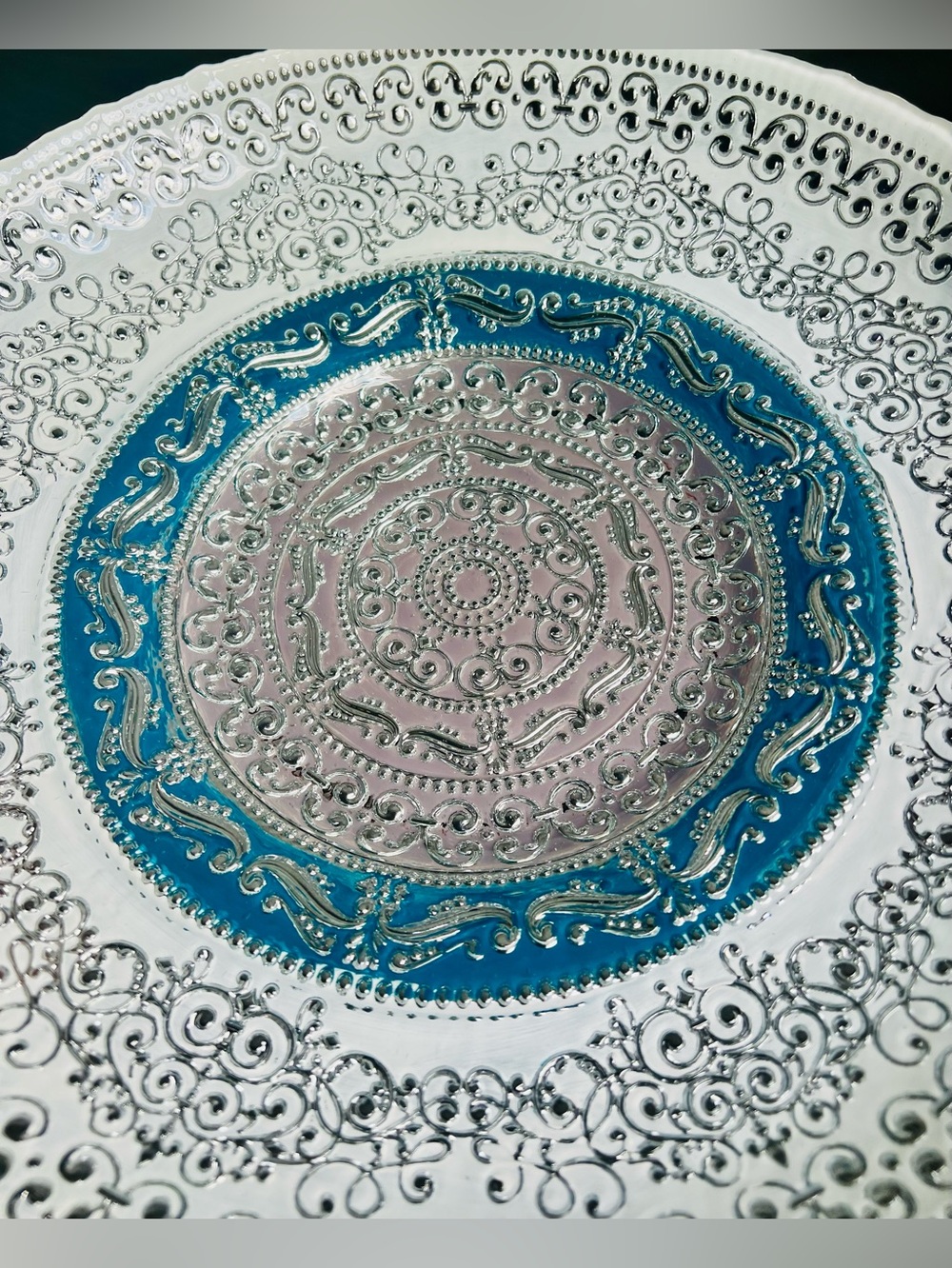 Handmade Turkish art glass platter, 16 inches, Teal, Silver, Intricate Design